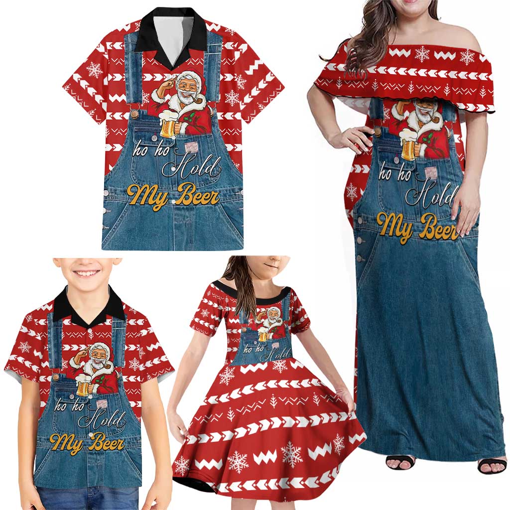 Ho Ho Hold My Beer Santa Christmas Design Family Matching Off Shoulder Maxi Dress and Hawaiian Shirt Xmas Holiday Patterns - Wonder Print Shop