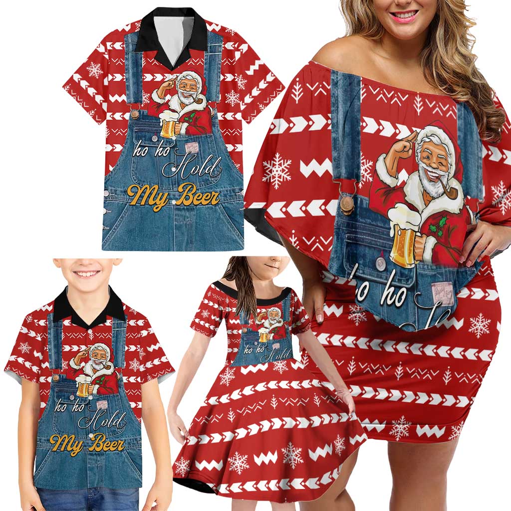 Ho Ho Hold My Beer Santa Christmas Design Family Matching Off Shoulder Short Dress and Hawaiian Shirt Xmas Holiday Patterns - Wonder Print Shop
