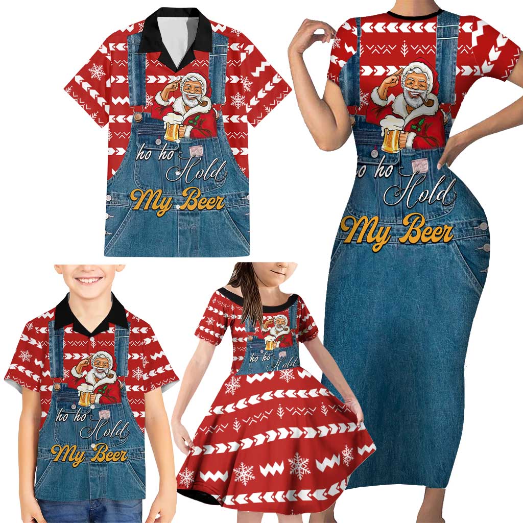 Ho Ho Hold My Beer Santa Christmas Design Family Matching Short Sleeve Bodycon Dress and Hawaiian Shirt Xmas Holiday Patterns - Wonder Print Shop