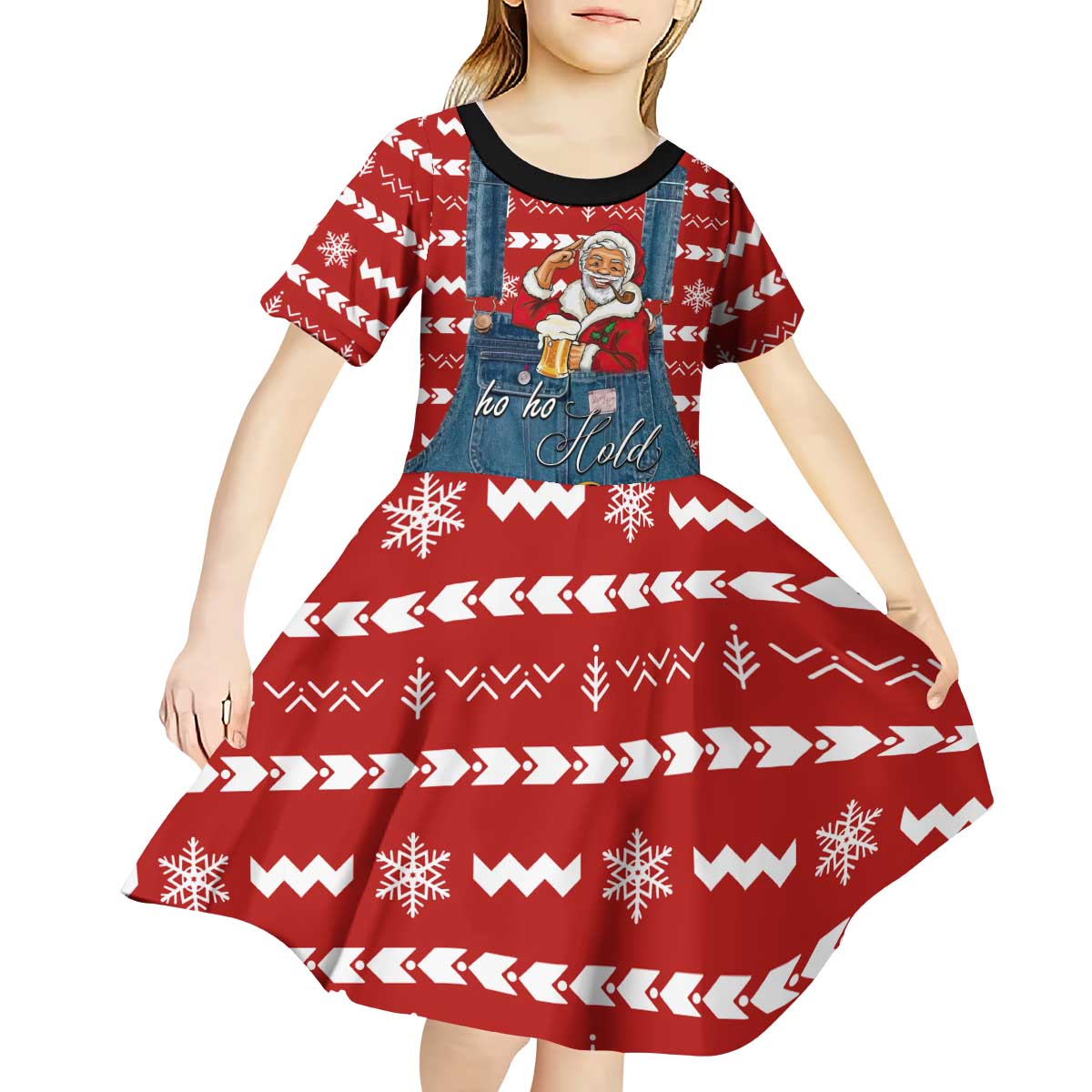 Ho Ho Hold My Beer Santa Christmas Design Kid Short Sleeve Dress Xmas Holiday Patterns - Wonder Print Shop