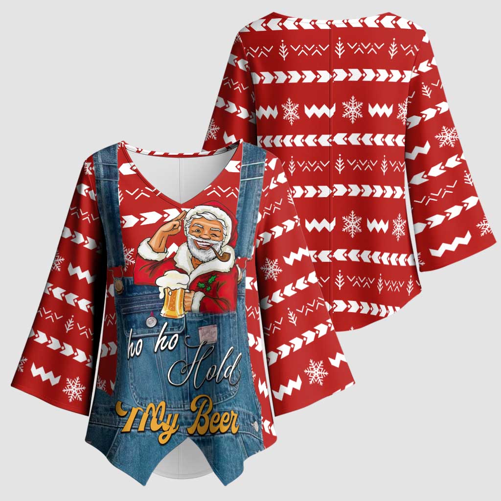 Ho Ho Hold My Beer Santa Christmas Design Kimono Sleeve Blouse Xmas Holiday Patterns - Wonder Print Shop
