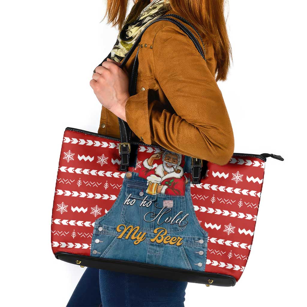 Ho Ho Hold My Beer Santa Christmas Design Leather Tote Bag Xmas Holiday Patterns - Wonder Print Shop