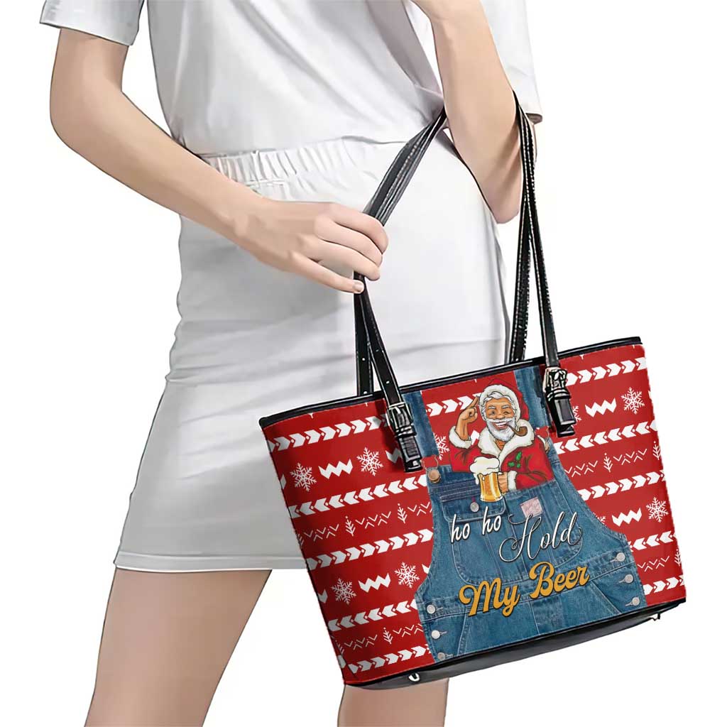Ho Ho Hold My Beer Santa Christmas Design Leather Tote Bag Xmas Holiday Patterns - Wonder Print Shop