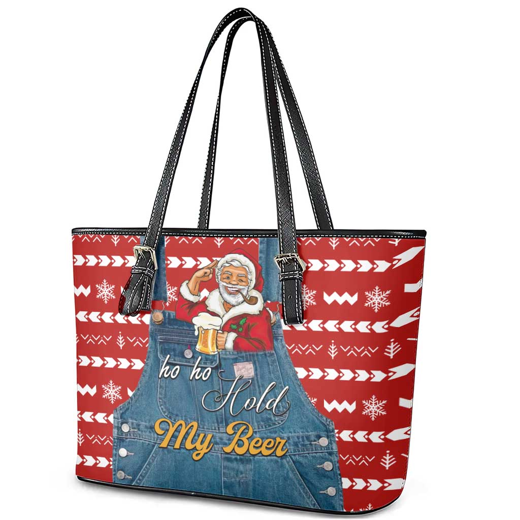 Ho Ho Hold My Beer Santa Christmas Design Leather Tote Bag Xmas Holiday Patterns - Wonder Print Shop