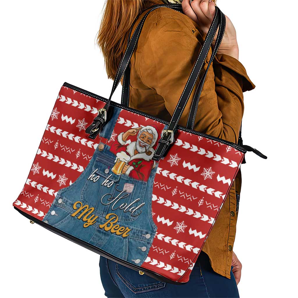 Ho Ho Hold My Beer Santa Christmas Design Leather Tote Bag Xmas Holiday Patterns - Wonder Print Shop