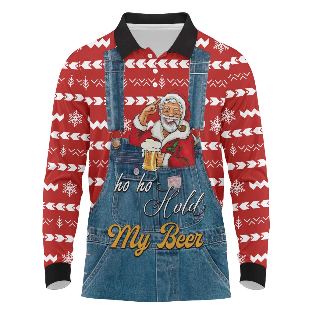 Ho Ho Hold My Beer Santa Christmas Design Long Sleeve Polo Shirt Xmas Holiday Patterns - Wonder Print Shop