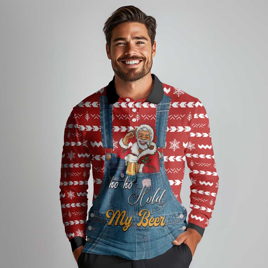 Ho Ho Hold My Beer Santa Christmas Design Long Sleeve Polo Shirt Xmas Holiday Patterns - Wonder Print Shop