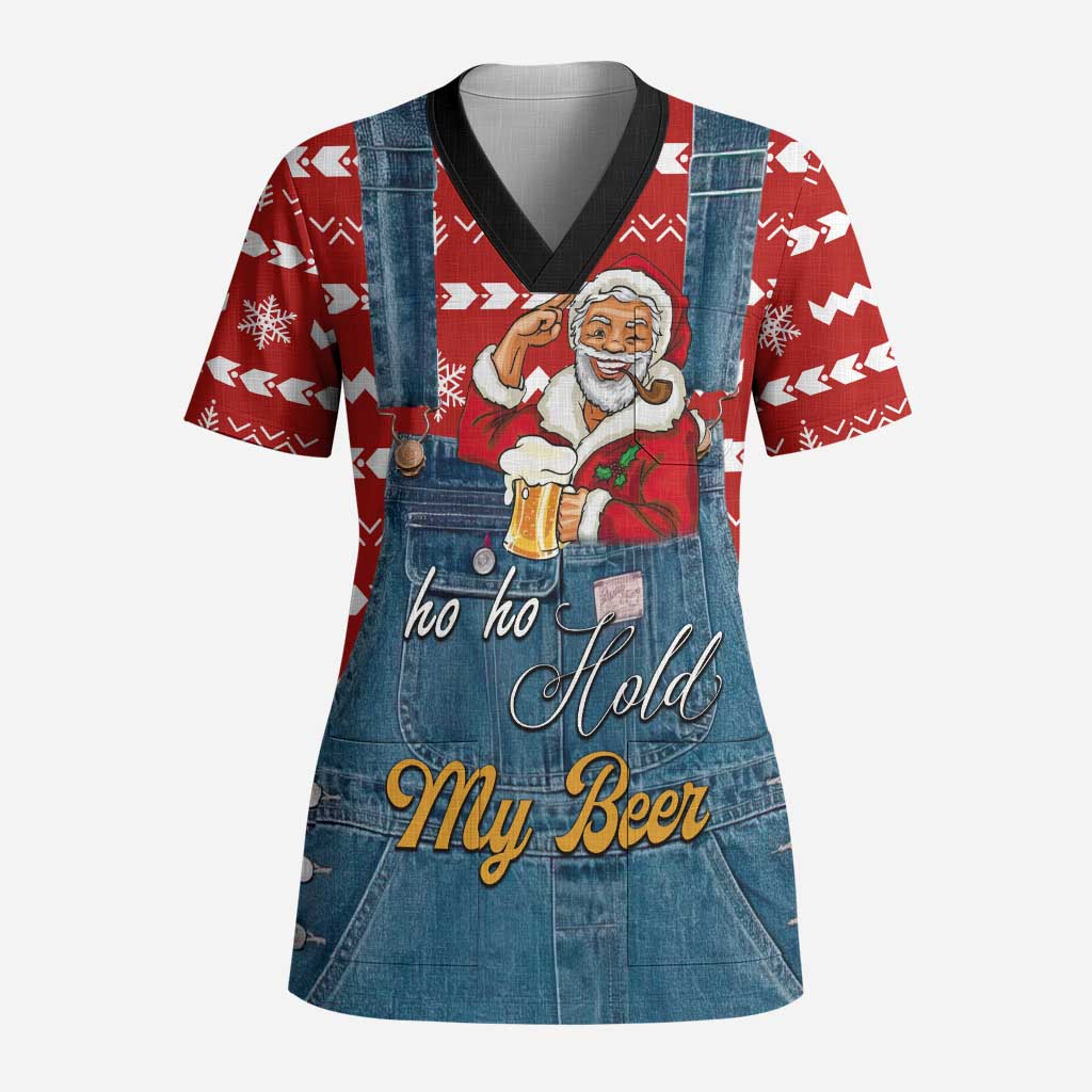 Ho Ho Hold My Beer Santa Christmas Design Scrub Top Xmas Holiday Patterns - Wonder Print Shop
