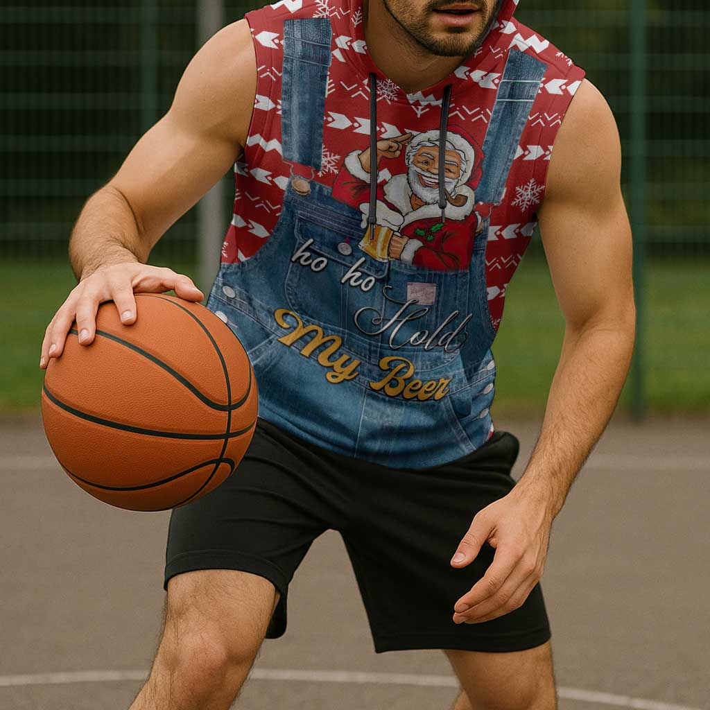 Ho Ho Hold My Beer Santa Christmas Design Sleeveless Hoodie Xmas Holiday Patterns - Wonder Print Shop