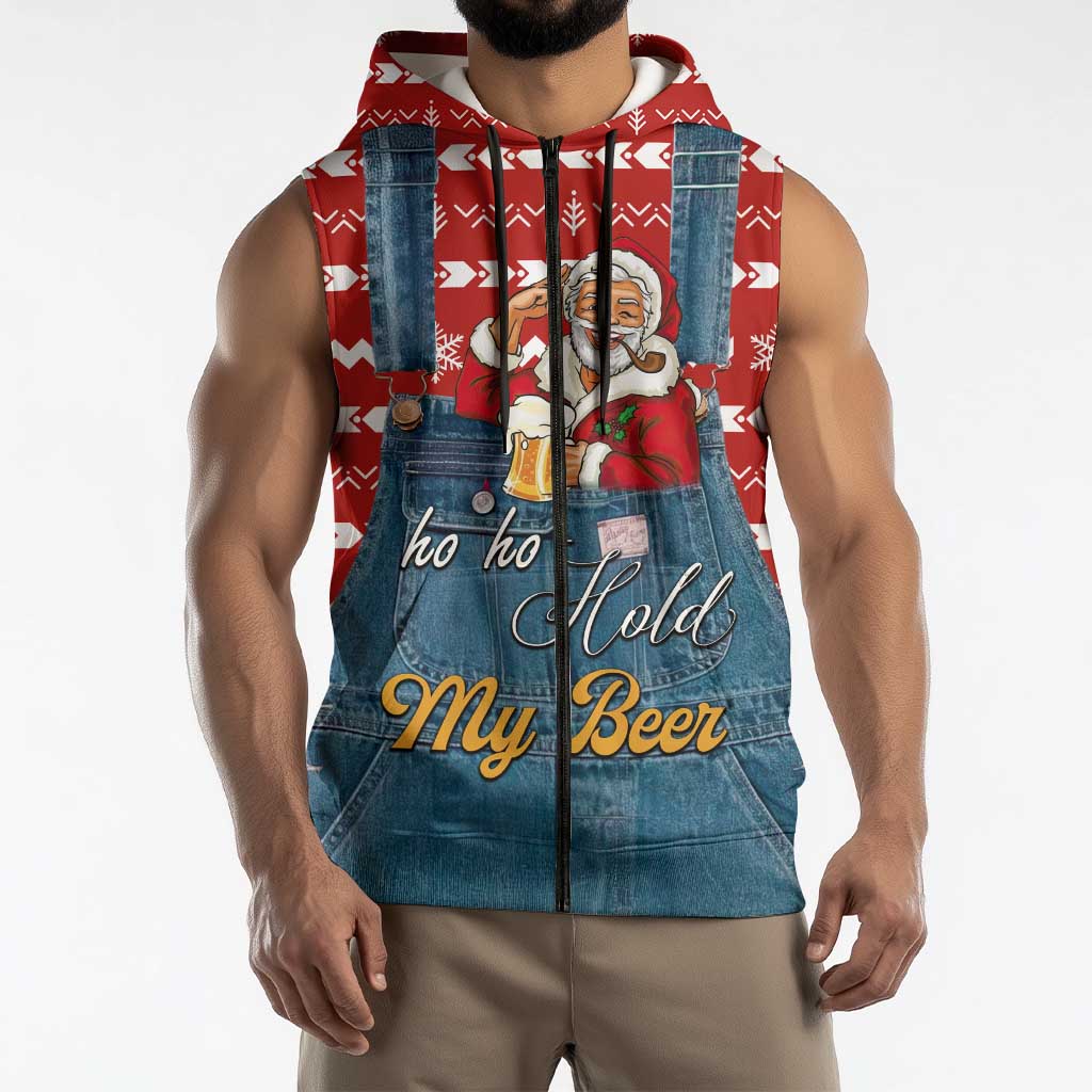 Ho Ho Hold My Beer Santa Christmas Design Sleeveless Zip Hoodie Xmas Holiday Patterns - Wonder Print Shop