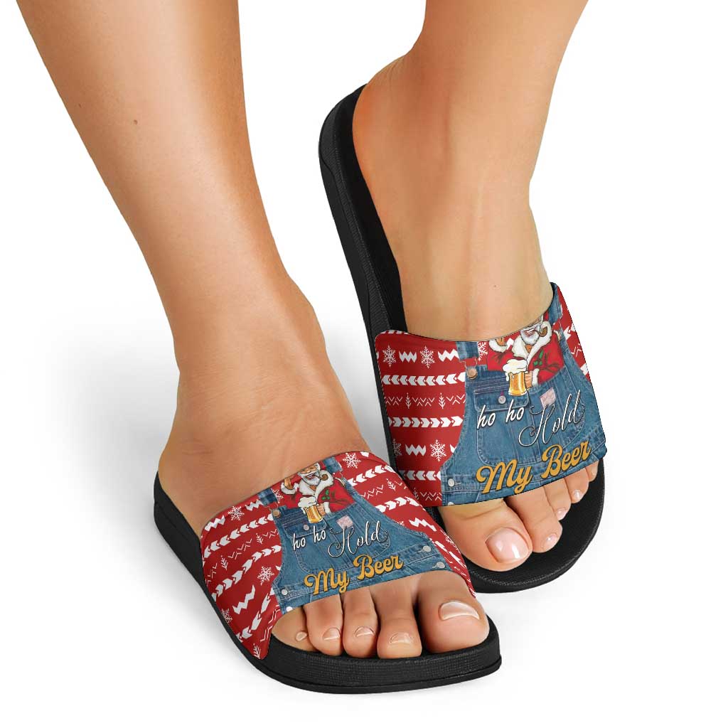 Ho Ho Hold My Beer Santa Christmas Design Slide Sandals Xmas Holiday Patterns - Wonder Print Shop