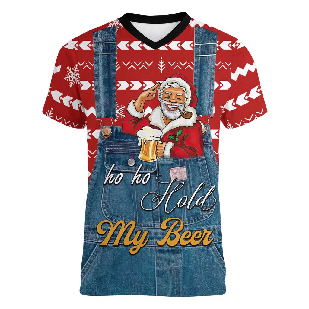 Ho Ho Hold My Beer Santa Christmas Design Women V-Neck T-Shirt Xmas Holiday Patterns - Wonder Print Shop