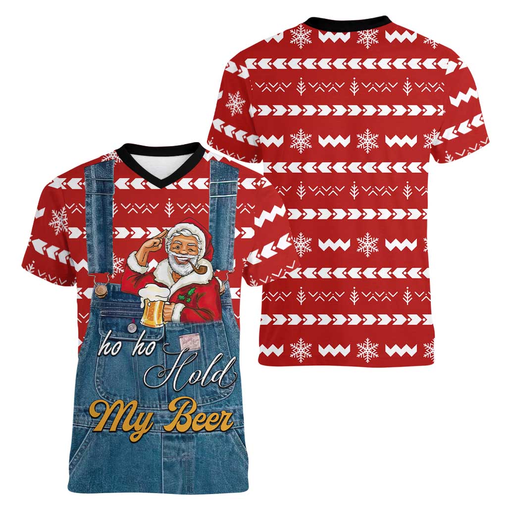 Ho Ho Hold My Beer Santa Christmas Design Women V-Neck T-Shirt Xmas Holiday Patterns - Wonder Print Shop