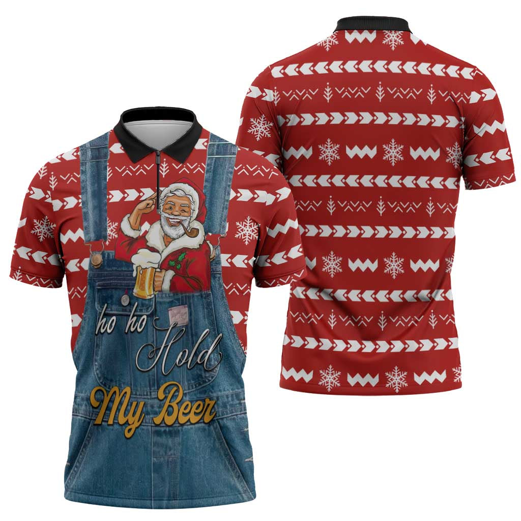 Ho Ho Hold My Beer Santa Christmas Design Zipper Polo Shirt Xmas Holiday Patterns - Wonder Print Shop