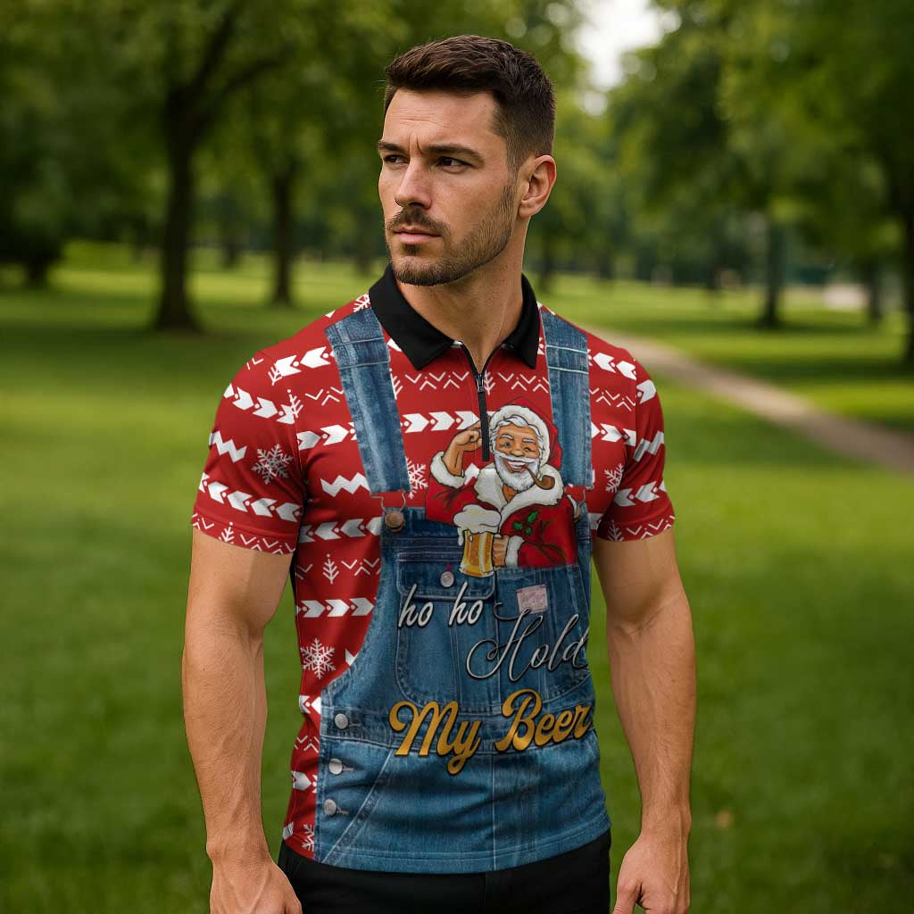 Ho Ho Hold My Beer Santa Christmas Design Zipper Polo Shirt Xmas Holiday Patterns - Wonder Print Shop