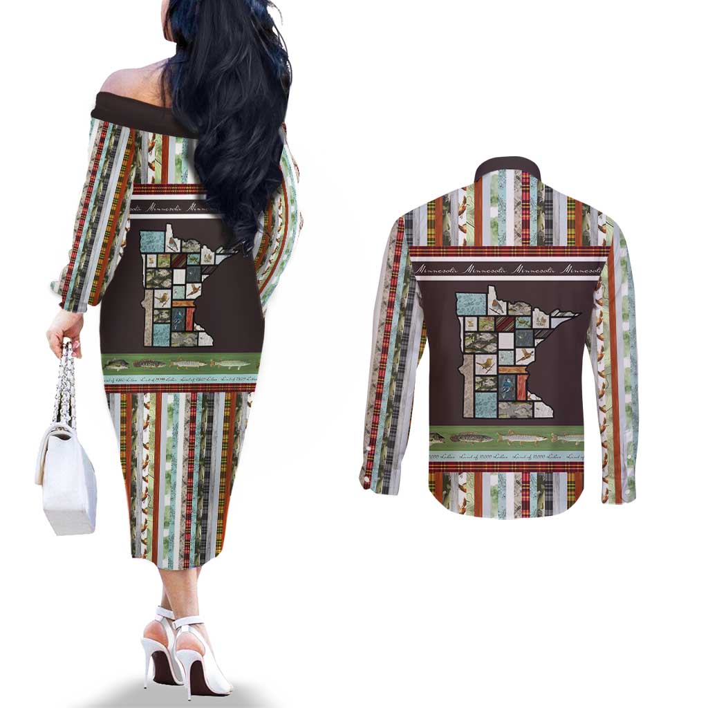 In The Deep Heart Of Minnesota Christmas Design Couples Matching Off The Shoulder Long Sleeve Dress and Long Sleeve Button Shirt Xmas Holiday Patterns - Wonder Print Shop