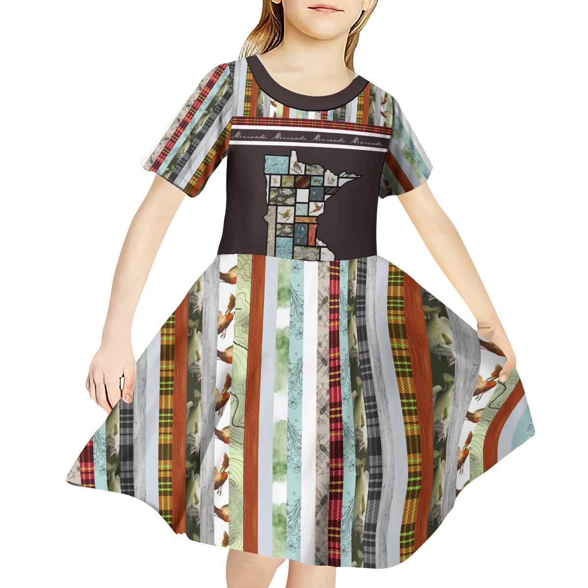 In The Deep Heart Of Minnesota Christmas Design Kid Short Sleeve Dress Xmas Holiday Patterns - Wonder Print Shop