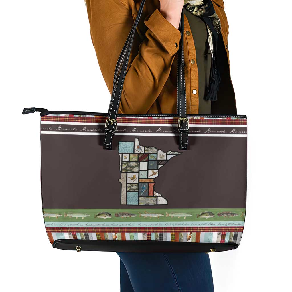 In The Deep Heart Of Minnesota Christmas Design Leather Tote Bag Xmas Holiday Patterns - Wonder Print Shop
