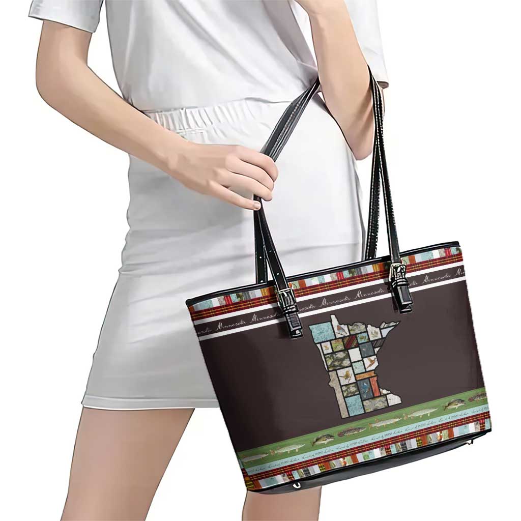 In The Deep Heart Of Minnesota Christmas Design Leather Tote Bag Xmas Holiday Patterns - Wonder Print Shop