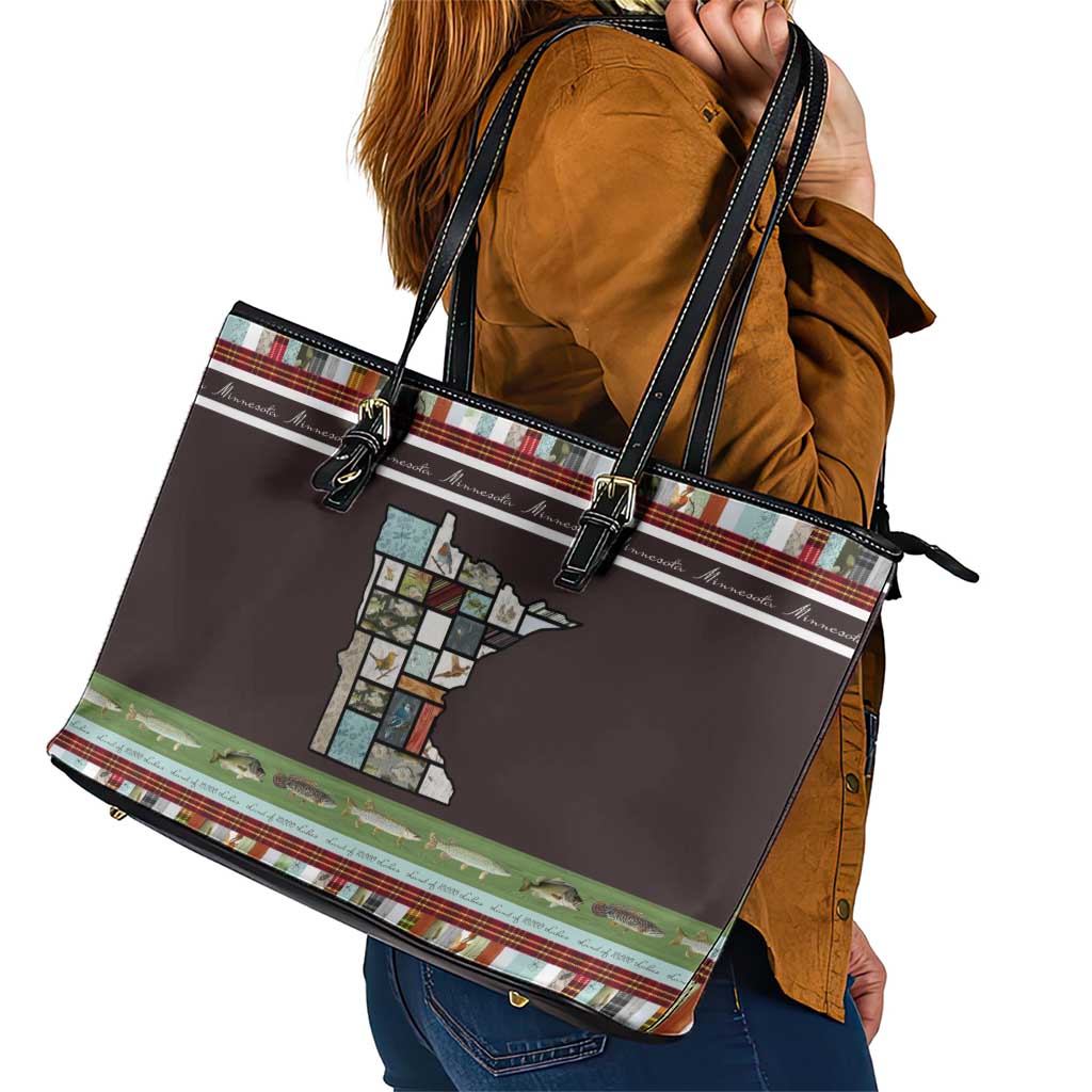 In The Deep Heart Of Minnesota Christmas Design Leather Tote Bag Xmas Holiday Patterns - Wonder Print Shop