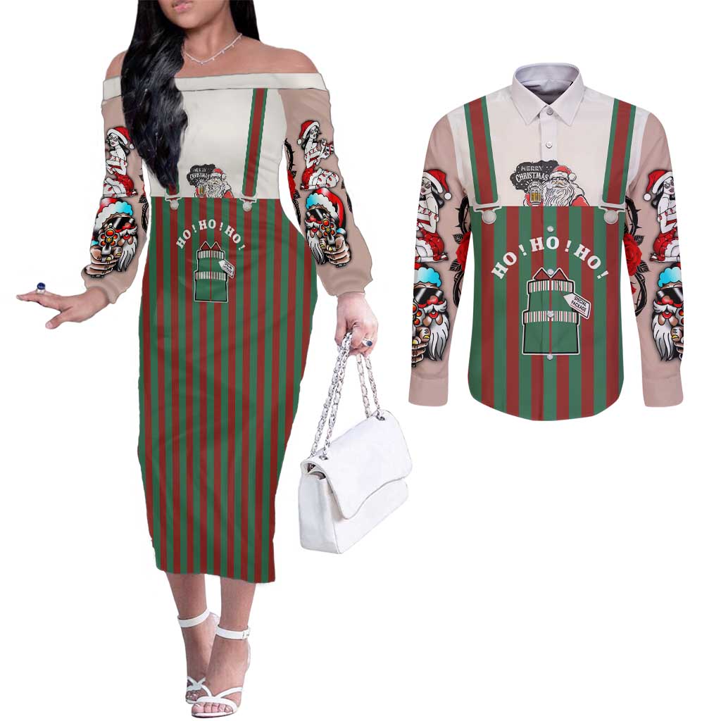 Stay With My Pig Christmas Christmas Couples Matching Off The Shoulder Long Sleeve Dress and Long Sleeve Button Shirt Xmas Holiday Patterns - Wonder Print Shop