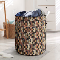 Kuba Flow Laundry Basket with Geometric Tribal Blocks and Earth-Tone Mosaic Design - Wonder Print Shop