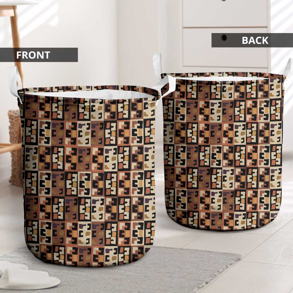 Kuba Flow Laundry Basket with Geometric Tribal Blocks and Earth-Tone Mosaic Design - Wonder Print Shop