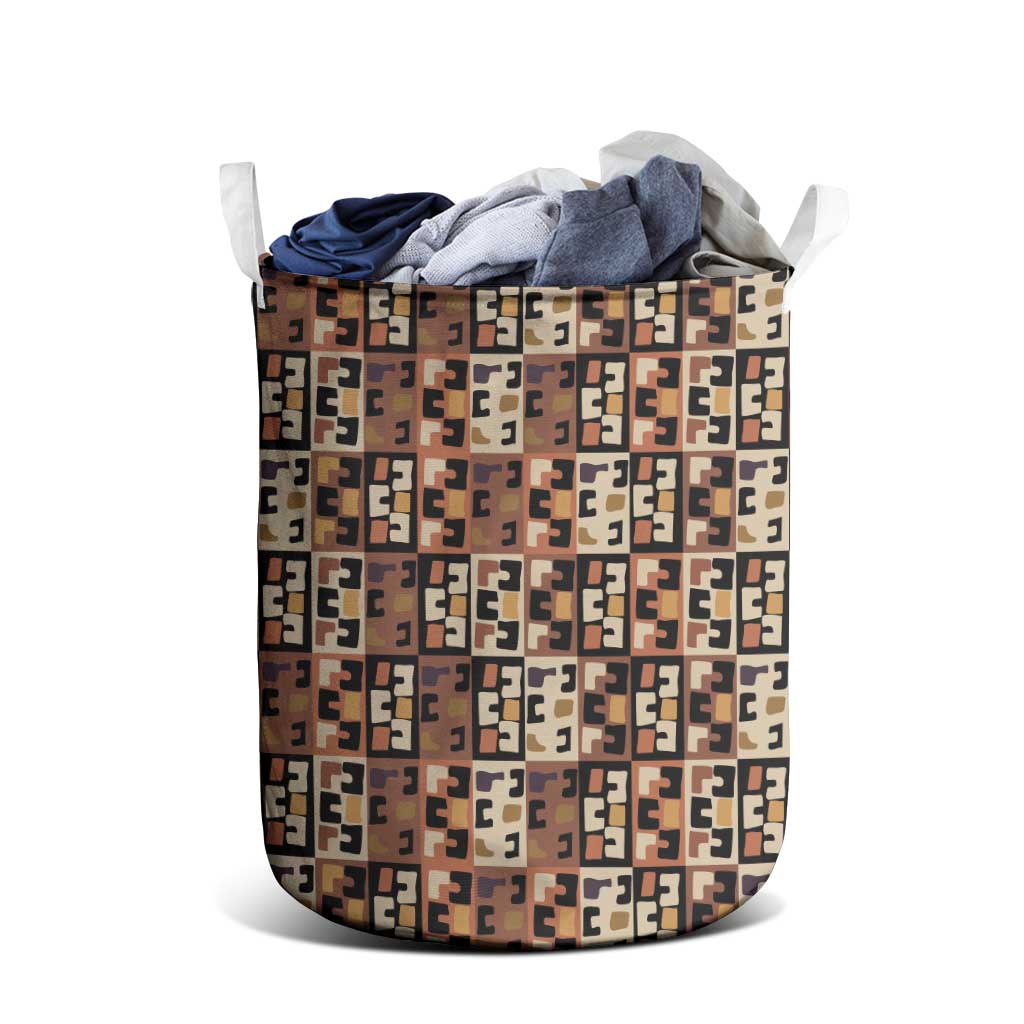 Kuba Flow Laundry Basket with Geometric Tribal Blocks and Earth-Tone Mosaic Design - Wonder Print Shop