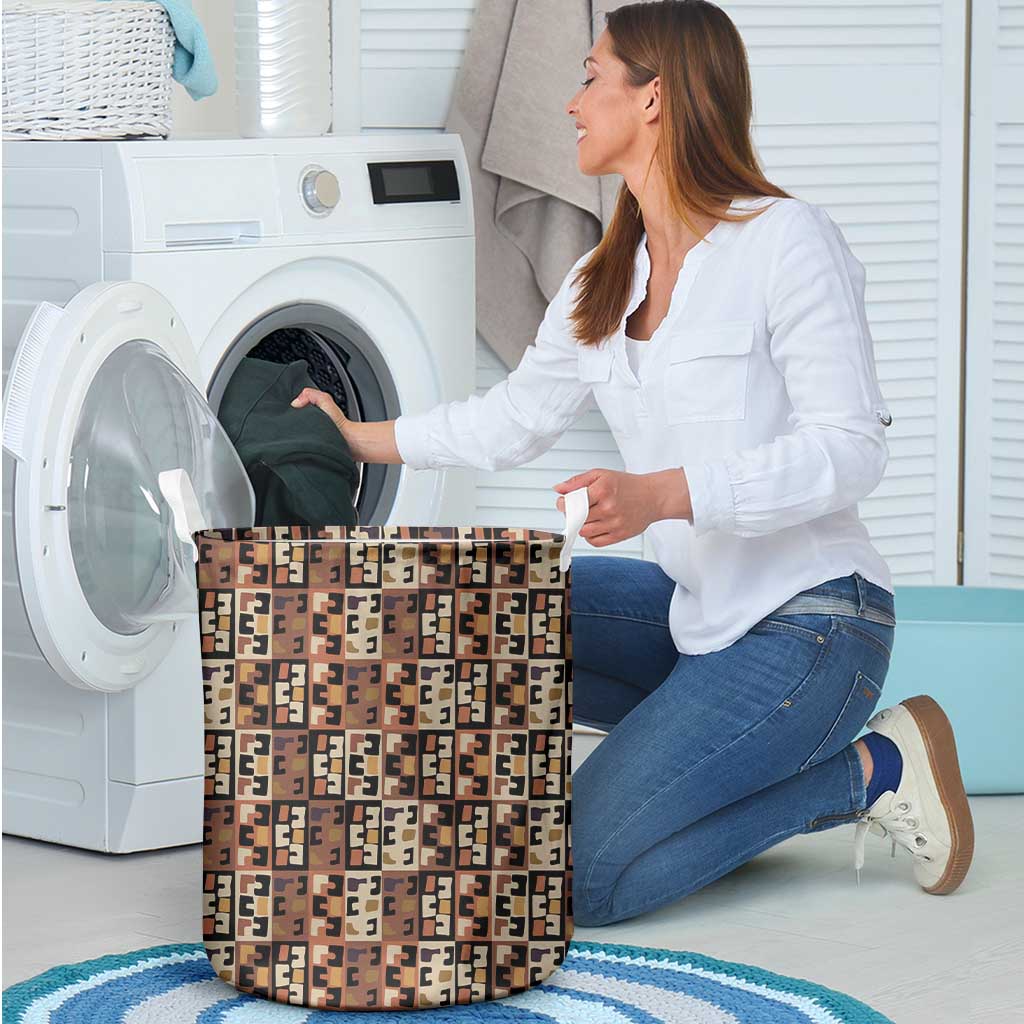 Kuba Flow Laundry Basket with Geometric Tribal Blocks and Earth-Tone Mosaic Design - Wonder Print Shop