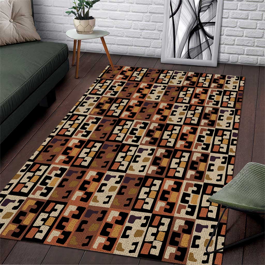 Kuba Flow Area Rug with Geometric Tribal Blocks and Earth-Tone Mosaic Design - Wonder Print Shop