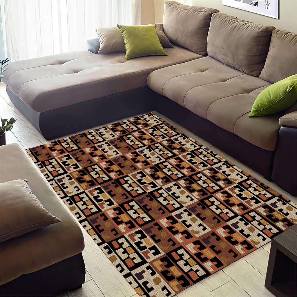 Kuba Flow Area Rug with Geometric Tribal Blocks and Earth-Tone Mosaic Design - Wonder Print Shop