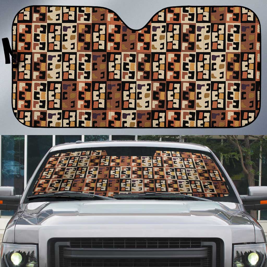 Kuba Flow Auto Sun Shade with Geometric Tribal Blocks and Earth-Tone Mosaic Design - Wonder Print Shop