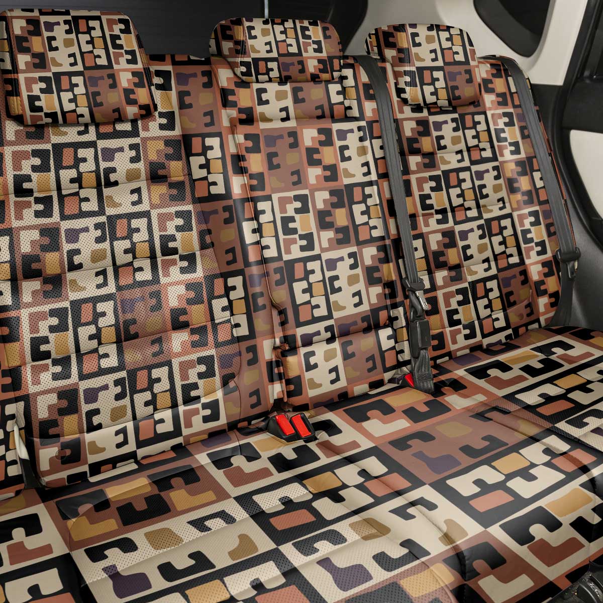 Kuba Flow Back Car Seat Cover with Geometric Tribal Blocks and Earth-Tone Mosaic Design - Wonder Print Shop
