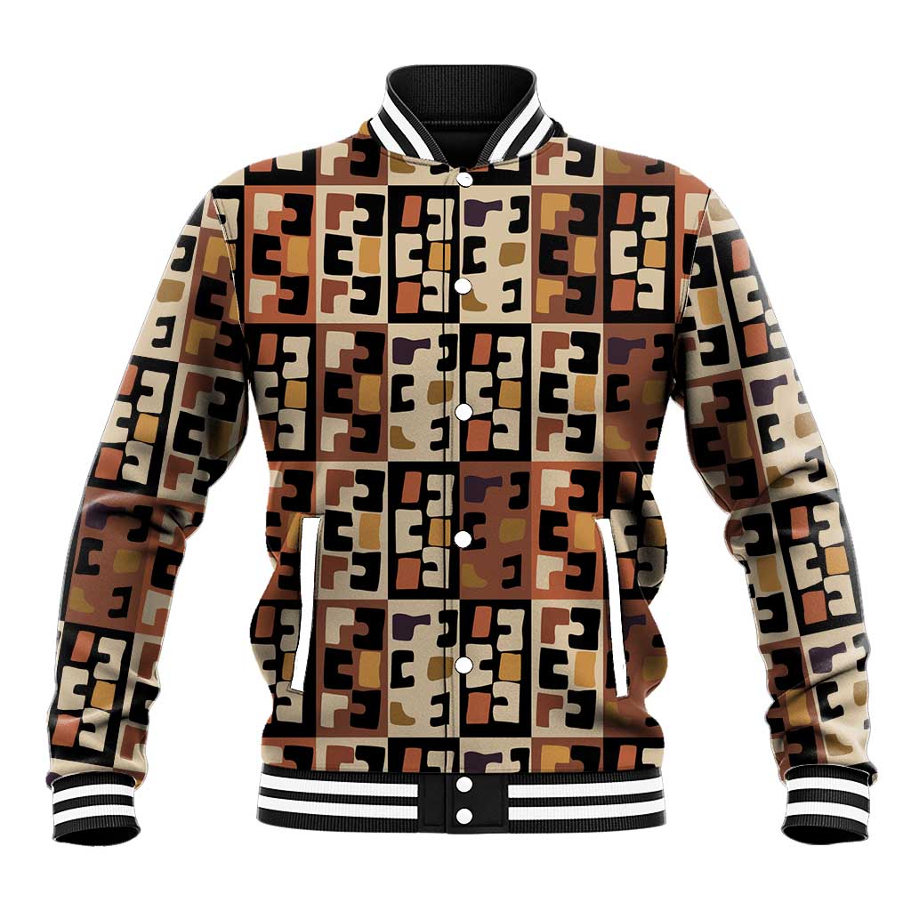Kuba Flow Baseball Jacket with Geometric Tribal Blocks and Earth-Tone Mosaic Design - Wonder Print Shop