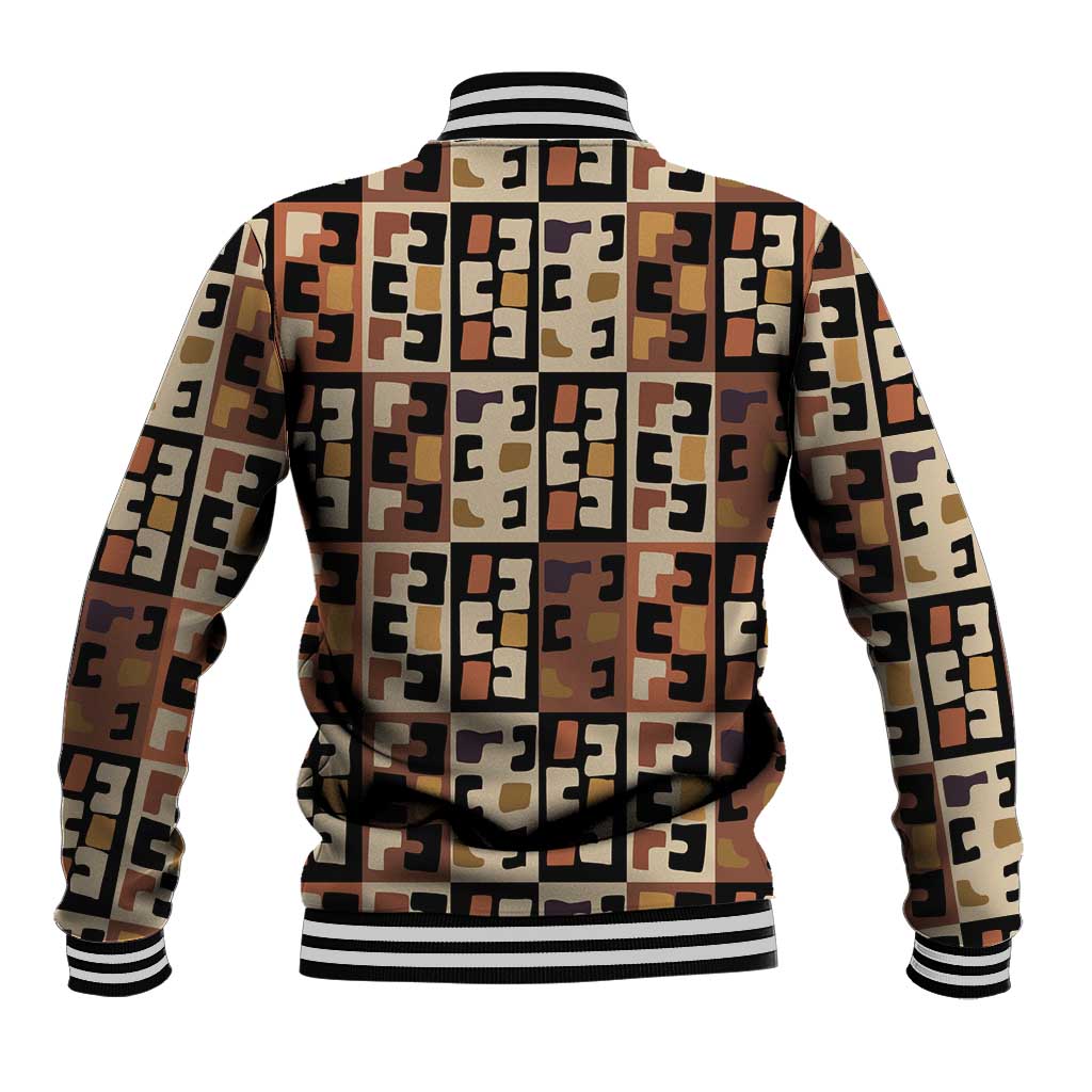 Kuba Flow Baseball Jacket with Geometric Tribal Blocks and Earth-Tone Mosaic Design - Wonder Print Shop