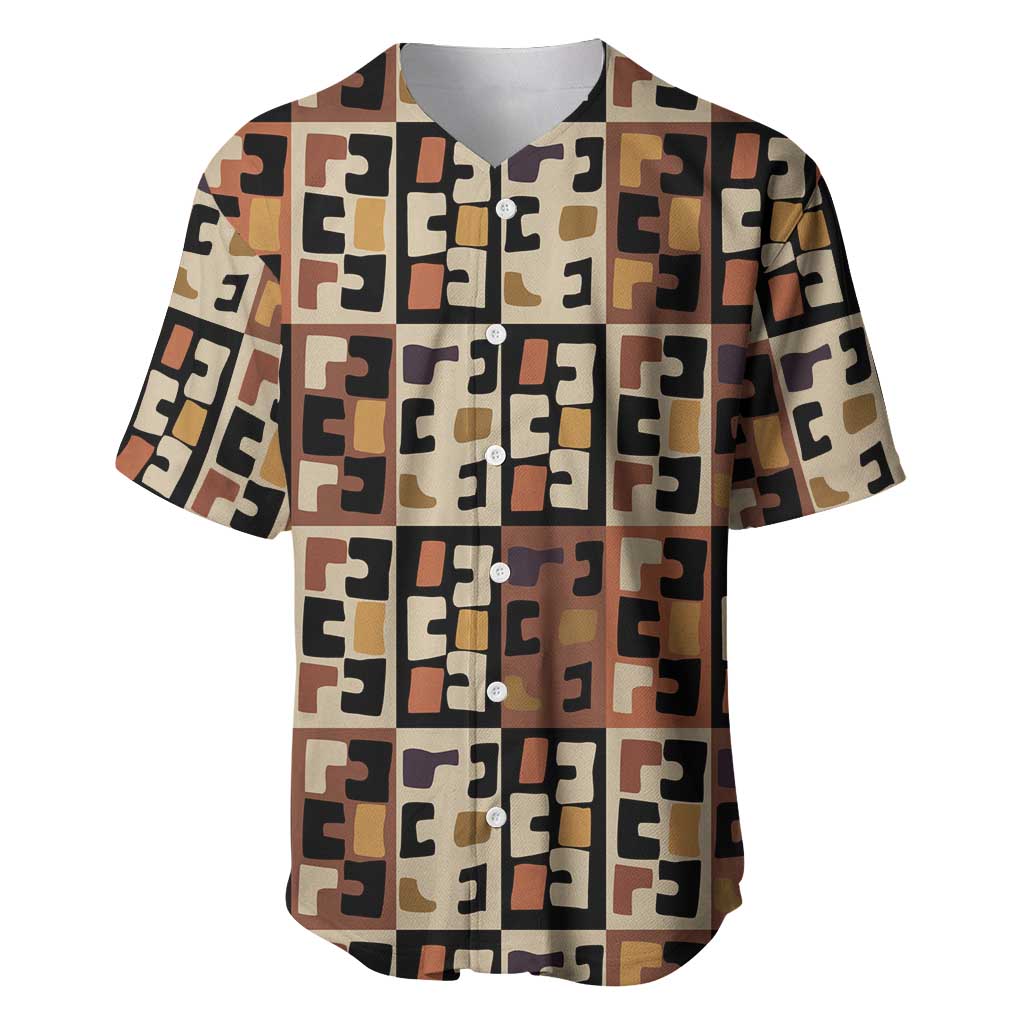 Kuba Flow Baseball Jersey with Geometric Tribal Blocks and Earth-Tone Mosaic Design - Wonder Print Shop