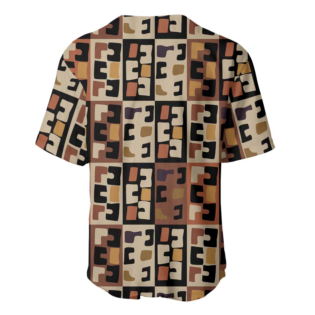 Kuba Flow Baseball Jersey with Geometric Tribal Blocks and Earth-Tone Mosaic Design - Wonder Print Shop