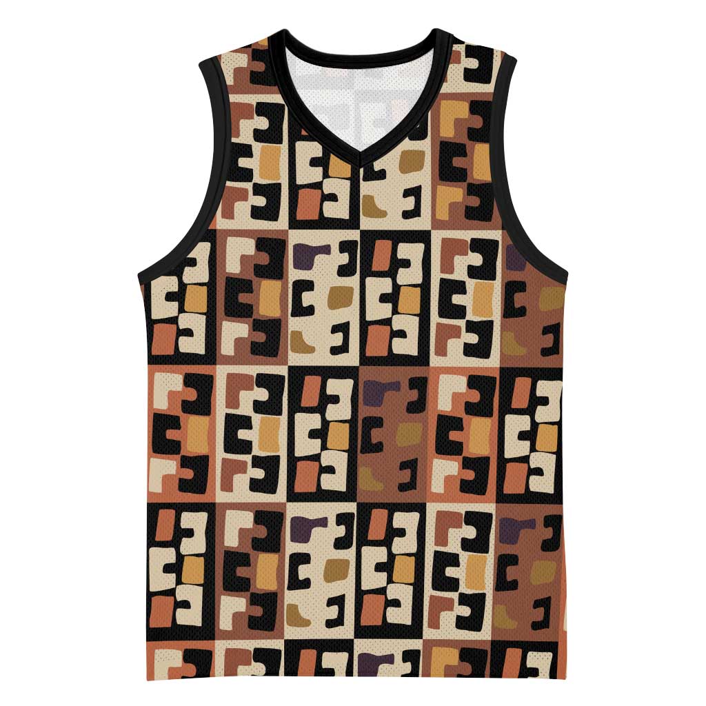Kuba Flow Basketball Jersey with Geometric Tribal Blocks and Earth-Tone Mosaic Design - Wonder Print Shop