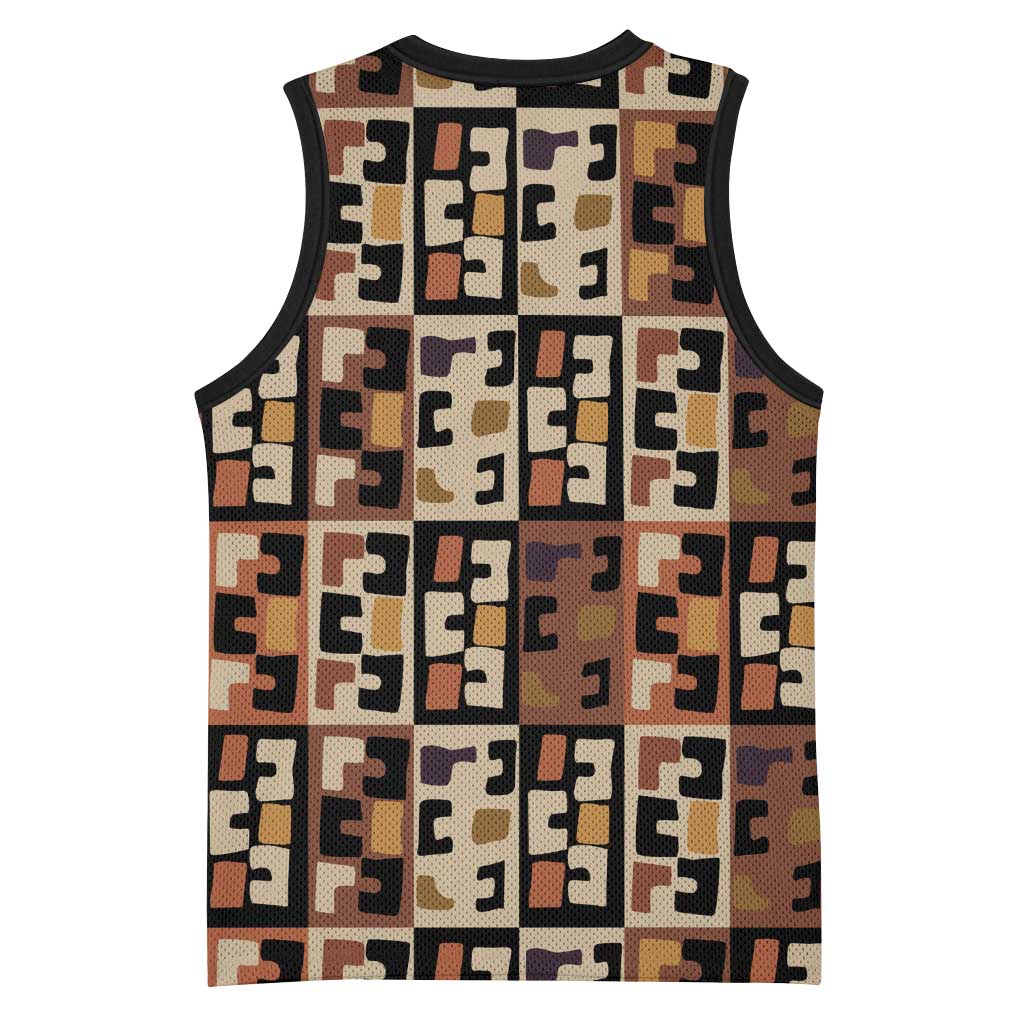 Kuba Flow Basketball Jersey with Geometric Tribal Blocks and Earth-Tone Mosaic Design - Wonder Print Shop