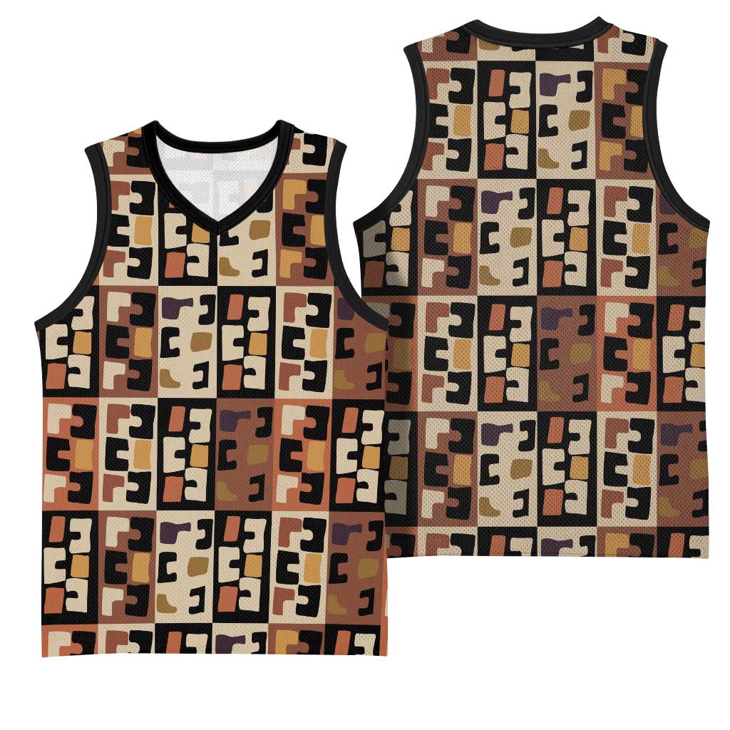 Kuba Flow Basketball Jersey with Geometric Tribal Blocks and Earth-Tone Mosaic Design - Wonder Print Shop