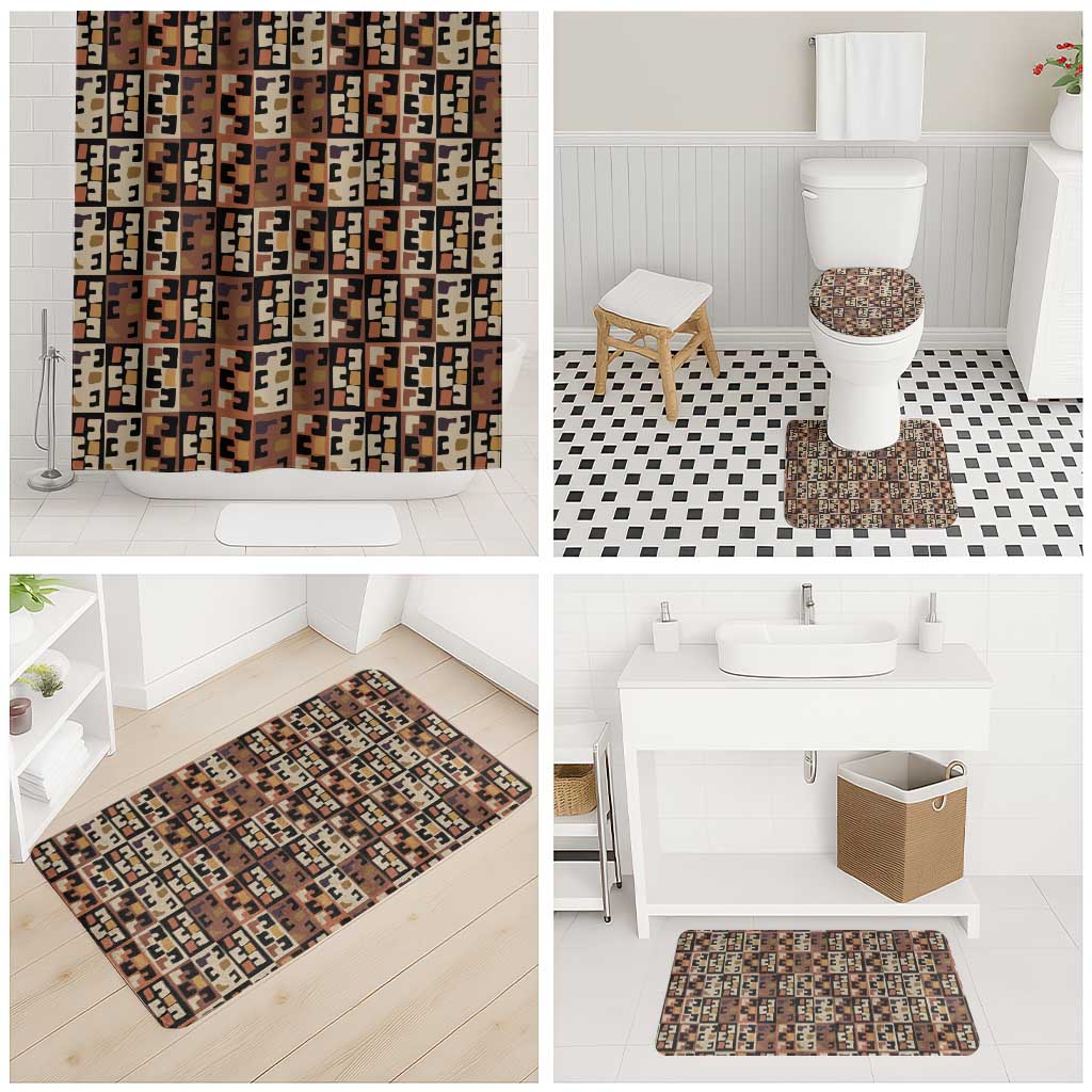 Kuba Flow Bathroom Set with Geometric Tribal Blocks and Earth-Tone Mosaic Design - Wonder Print Shop