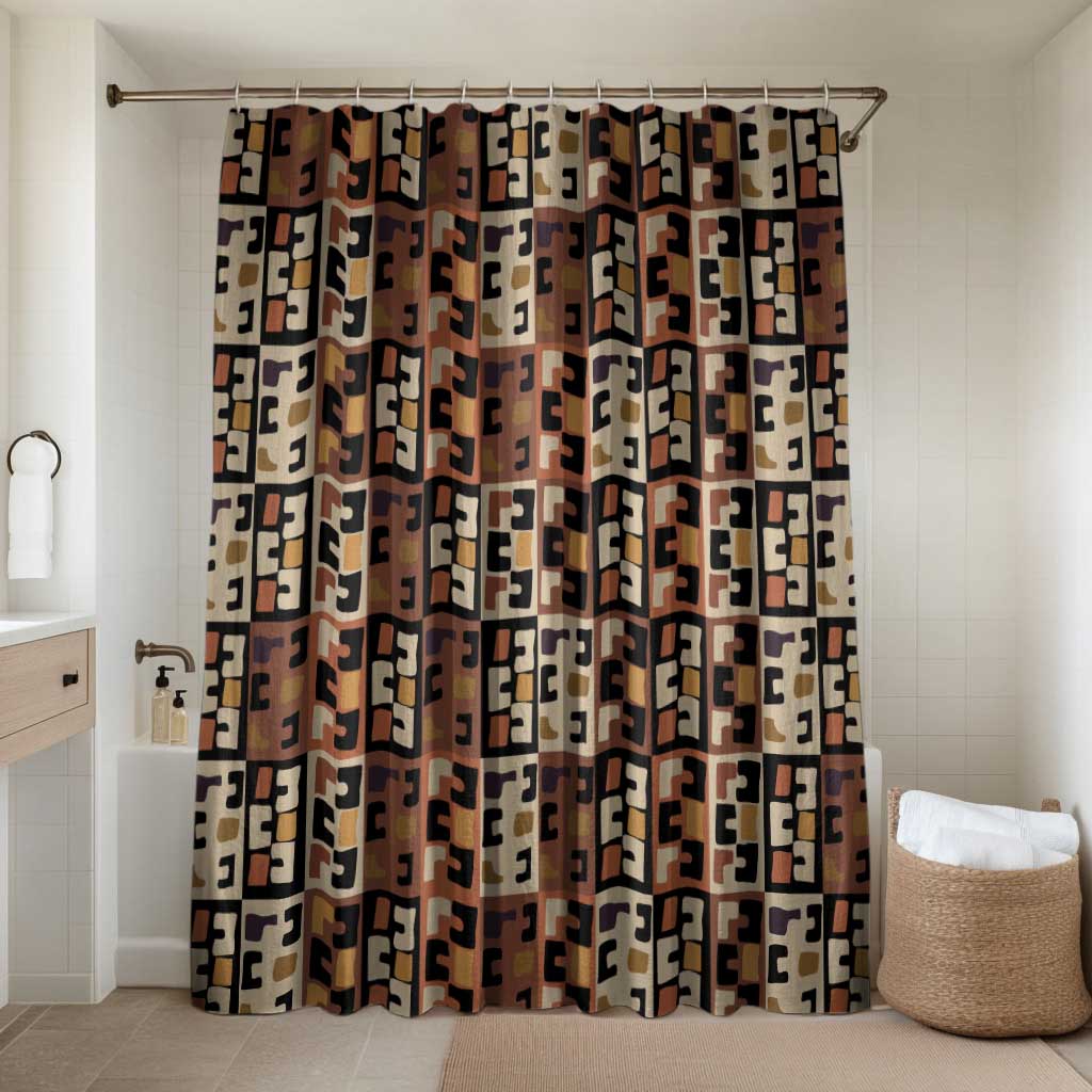 Kuba Flow Bathroom Set with Geometric Tribal Blocks and Earth-Tone Mosaic Design - Wonder Print Shop