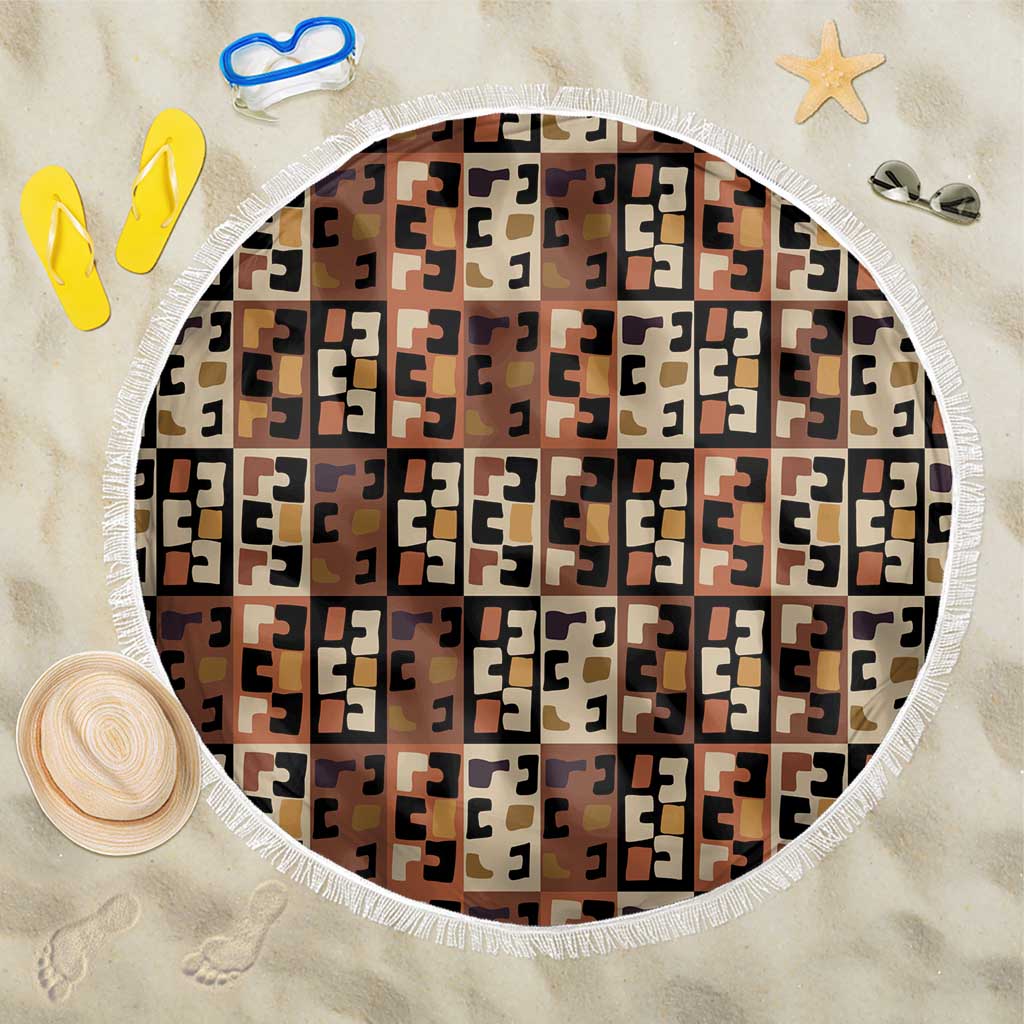Kuba Flow Beach Blanket with Geometric Tribal Blocks and Earth-Tone Mosaic Design - Wonder Print Shop