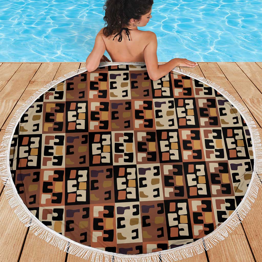 Kuba Flow Beach Blanket with Geometric Tribal Blocks and Earth-Tone Mosaic Design - Wonder Print Shop