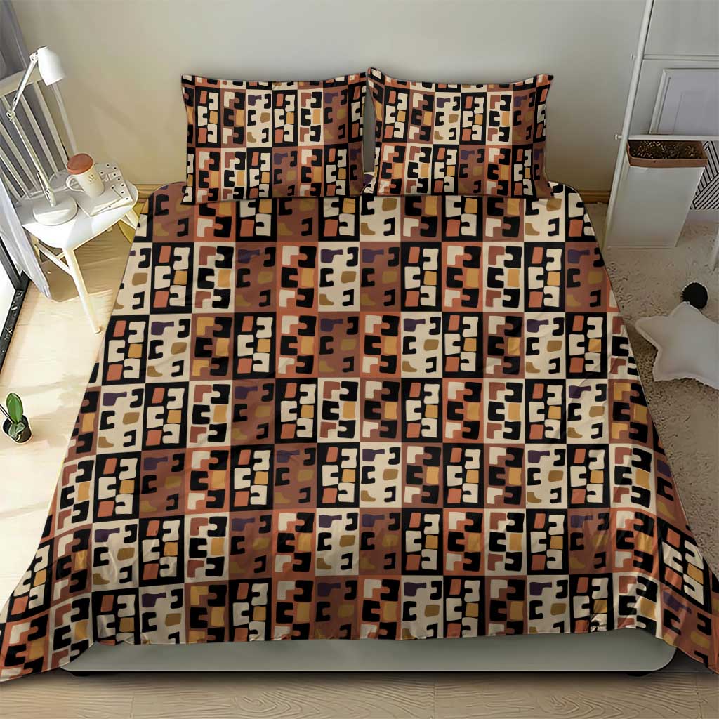 Kuba Flow Bedding Set with Geometric Tribal Blocks and Earth-Tone Mosaic Design - Wonder Print Shop