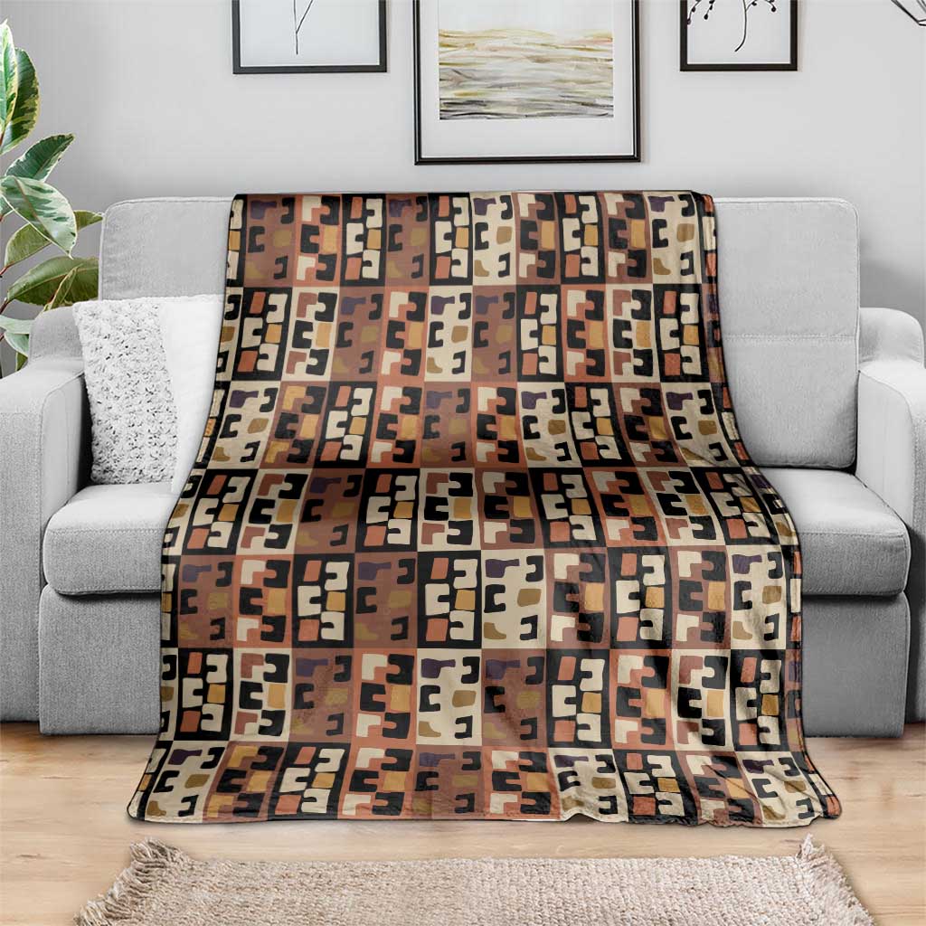 Kuba Flow Blanket with Geometric Tribal Blocks and Earth-Tone Mosaic Design - Wonder Print Shop