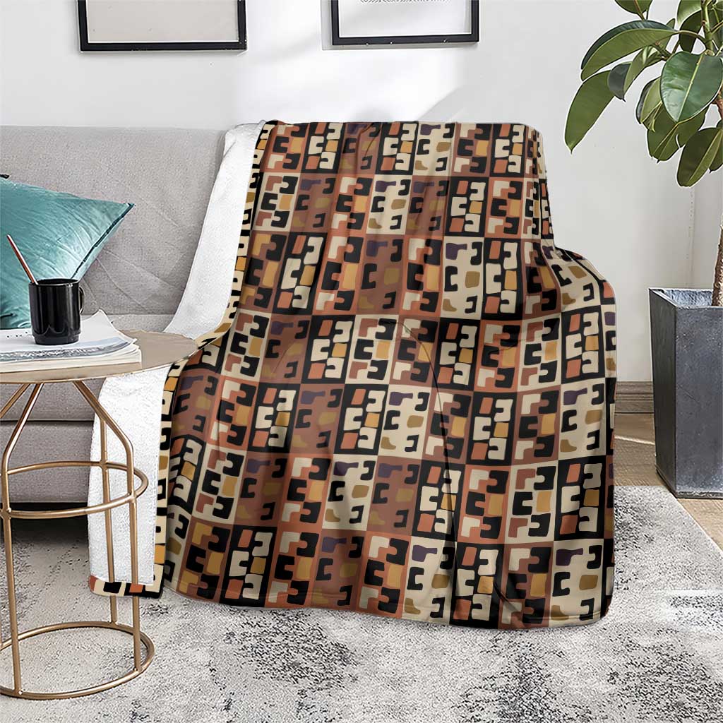 Kuba Flow Blanket with Geometric Tribal Blocks and Earth-Tone Mosaic Design - Wonder Print Shop