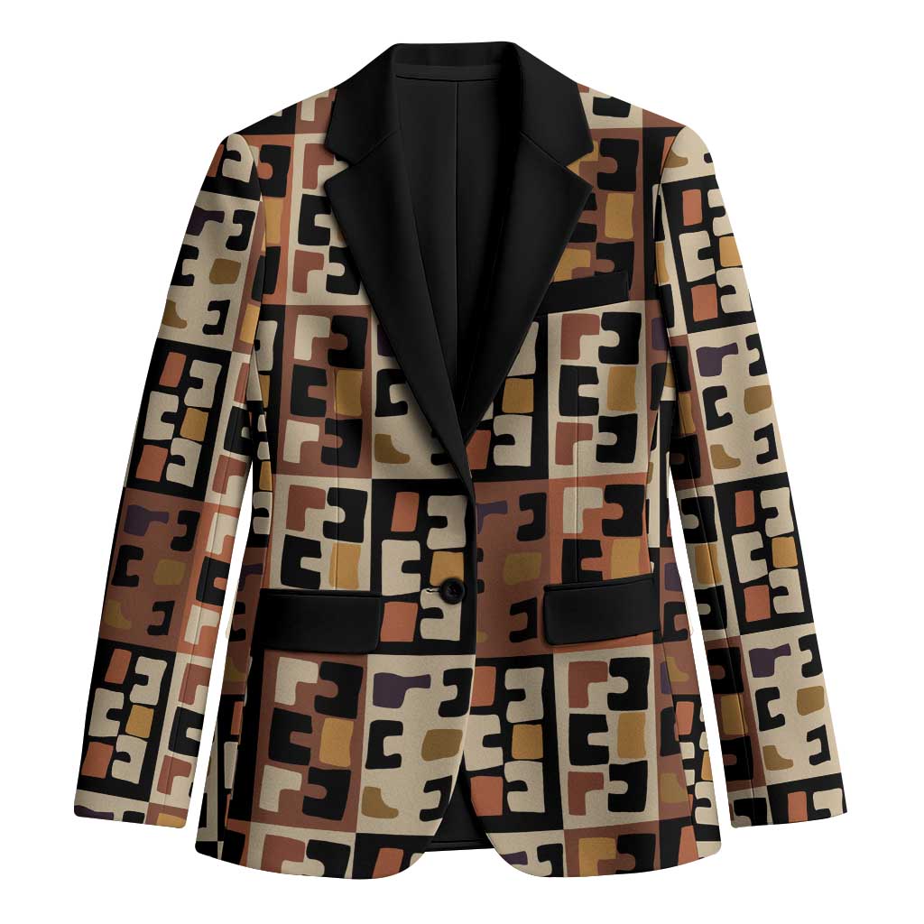Kuba Flow Blazer with Geometric Tribal Blocks and Earth-Tone Mosaic Design - Wonder Print Shop