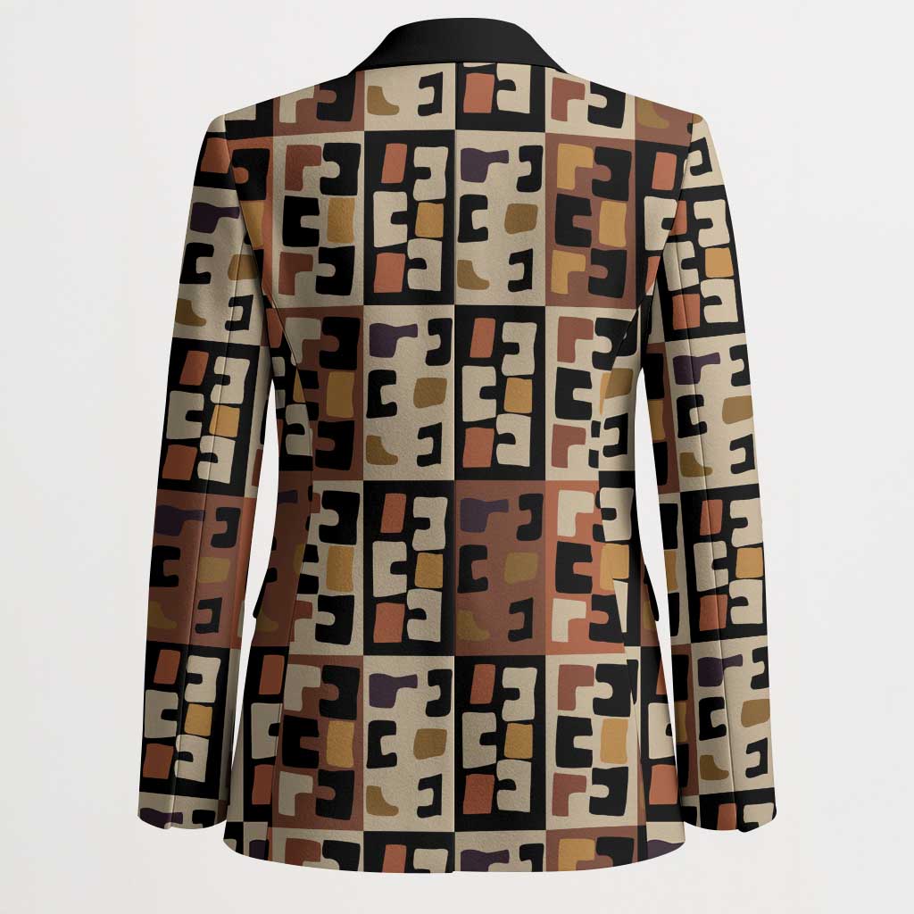 Kuba Flow Blazer with Geometric Tribal Blocks and Earth-Tone Mosaic Design - Wonder Print Shop