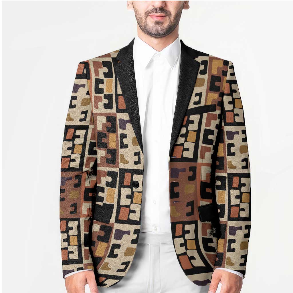 Kuba Flow Blazer with Geometric Tribal Blocks and Earth-Tone Mosaic Design - Wonder Print Shop